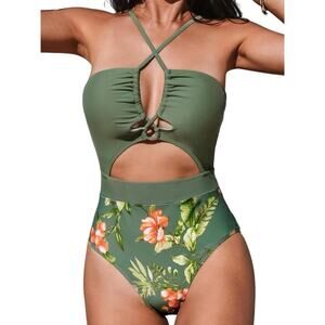 Cupshe Womens Tummy Control Front Drawstring One Piece Swimsuit Green SZ S NWT